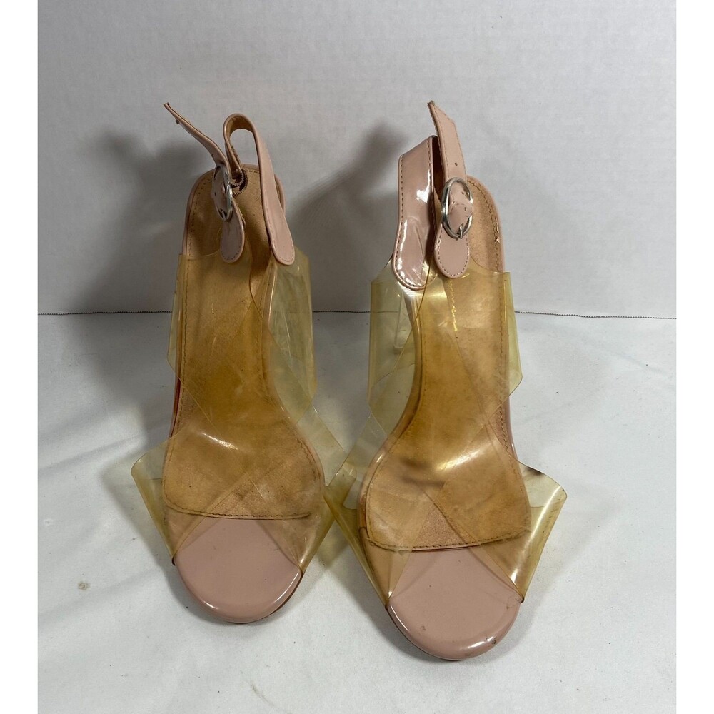 Qupid Womens 8 Nude Clear Strap Block Heel Sandals Pink Vinyl